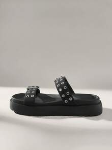 Solecia 女士时尚黑色厚底沙滩度假平底拖鞋 - 黑色 - 查看 6