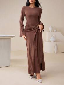 Veilorie Đầm dài thời trang nữ màu trơn khóa kim loại - Cà phê nâu - Xem 4