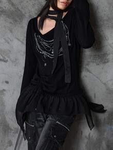 ROMWE Grunge Punk Bloopia Camiseta de manga larga de punto con estampado digital, cuello caído y escote alto, para mujer, estilo coreano casual, rejuvenecedor, para otoño/invierno y Halloween, de alta gama, con collar de perlas