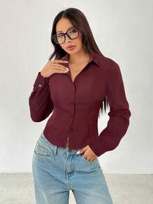 SHEIN PETITE 基本款休闲长袖收腰衬衫 - 酒紅色 - 查看 5