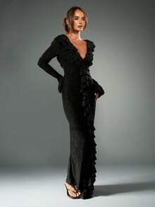 MISSGUIDED 优雅 V 领喇叭袖荷叶边长裙哥特式维多利亚长袖黑色正式晚礼服复古风格特殊场合礼服 - 黑色 - 查看 5