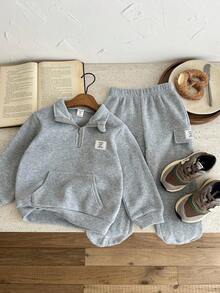 SHEIN 2pcs/Set Young Boys Casual Comfortable Stand Collar Half-Zip Pocket Decor Contrast Color Pullover Hoodie And Loose Fit Thermal Lined Cargo Pants Set, Suitable For Winter Fall - Grey - View 3