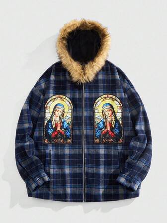 Street Life Men's Retro Plaid Print Virgin Mary Hooded Jacket, Autumn/Winter