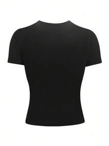 INAWLY Damen Lässig Figurbetontes Schwarz Rundhals T-Shirt in Große Größen - Schwarz - Übersicht 2