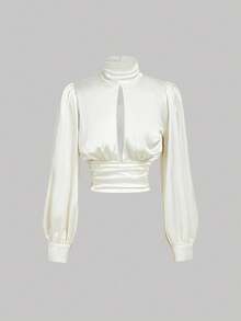 SHEIN MOD 女式纯色立领灯笼袖镂空褶饰腰部性感衬衫 - 白色 - 查看 2