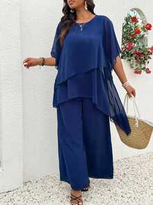 Weeklong 大码雪纺面料多层不对称交叉重叠不对称喇叭袖上衣+双层雪纺裤休闲度假通勤两件套 - 藍色 - 查看 7