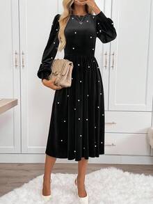 SHEIN LUNE Vestido largo de terciopelo casual con cuentas para mujer, vestido de terciopelo con adornos de perlas, vestido de terciopelo elegante, vestido midi negro, vestido elegante de manga larga, vestido midi elegante, vestido de terciopelo negro, vestido de fiesta de carnaval, conjunto de fiesta para mujer, vestido negro, vestido de otoño para mujer - Negro - Ver 4
