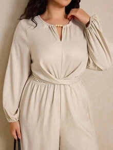 Elaquor Plus Size Women's Solid Color Keyhole Neck Lantern Sleeve Wide Leg Casual Jumpsuit Long Sleeve Jumpsuit Jumpsuits For Women Plus Size Jumpsuit Women Jumpsuit Wide Leg Jumpsuit - Apricot - View 6