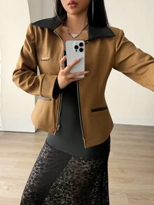Modelyn Women's Woven Khaki Long Sleeve Fitted Flared Casual Jacket, Suitable For Dating And Outings, Autumn - Khaki - View 3