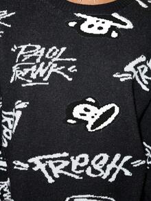 ROMWE MEN Paul Frank X ROMWE Men Cartoon Pattern Crew Neck Long Sleeve Sweater , Fall Winter - Black - View 4