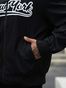 Manfinity Homme Plus Size Men's Letter Print Fleece Baseball Jacket,Black And White Varsity Jacket,Winter Streetwear,City Break,Back-To-School,Zip Up Graphic Bomber - Black - View 3