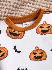 Conjunto de chándal de niño/niña multicolor para otoño/invierno, sudadera con capucha de forro polar grueso con estampado de patrones de Halloween y contraste de colores, y pantalones estampados, adecuado para disfraz de Halloween