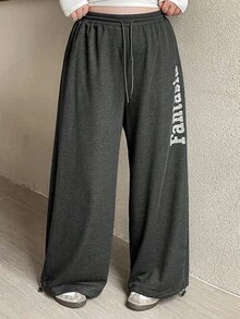 Dazy Plus Letter Print Washed Distressed Loose Streetwear Style Plus Size Women Long Jeans, All Season Jogging Pants Sweatpants Women Joggers - Black - View 5