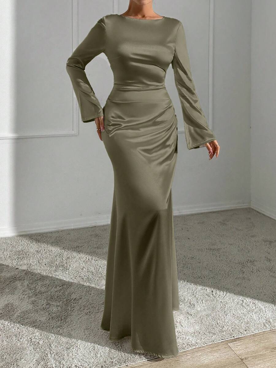 EURMUSE Women's Solid Color Round Neck Flare Sleeve Ruched Fishtail Hem Elegant Fitted Dress - Olive Green - View 1