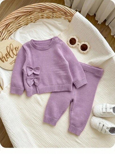 SHEIN Nyfödd Baby Flicka Söt Höst/Vinter Casual Rosa Rosett Stickad Tröja & Resårmidja Byxor 2-Delat Set
