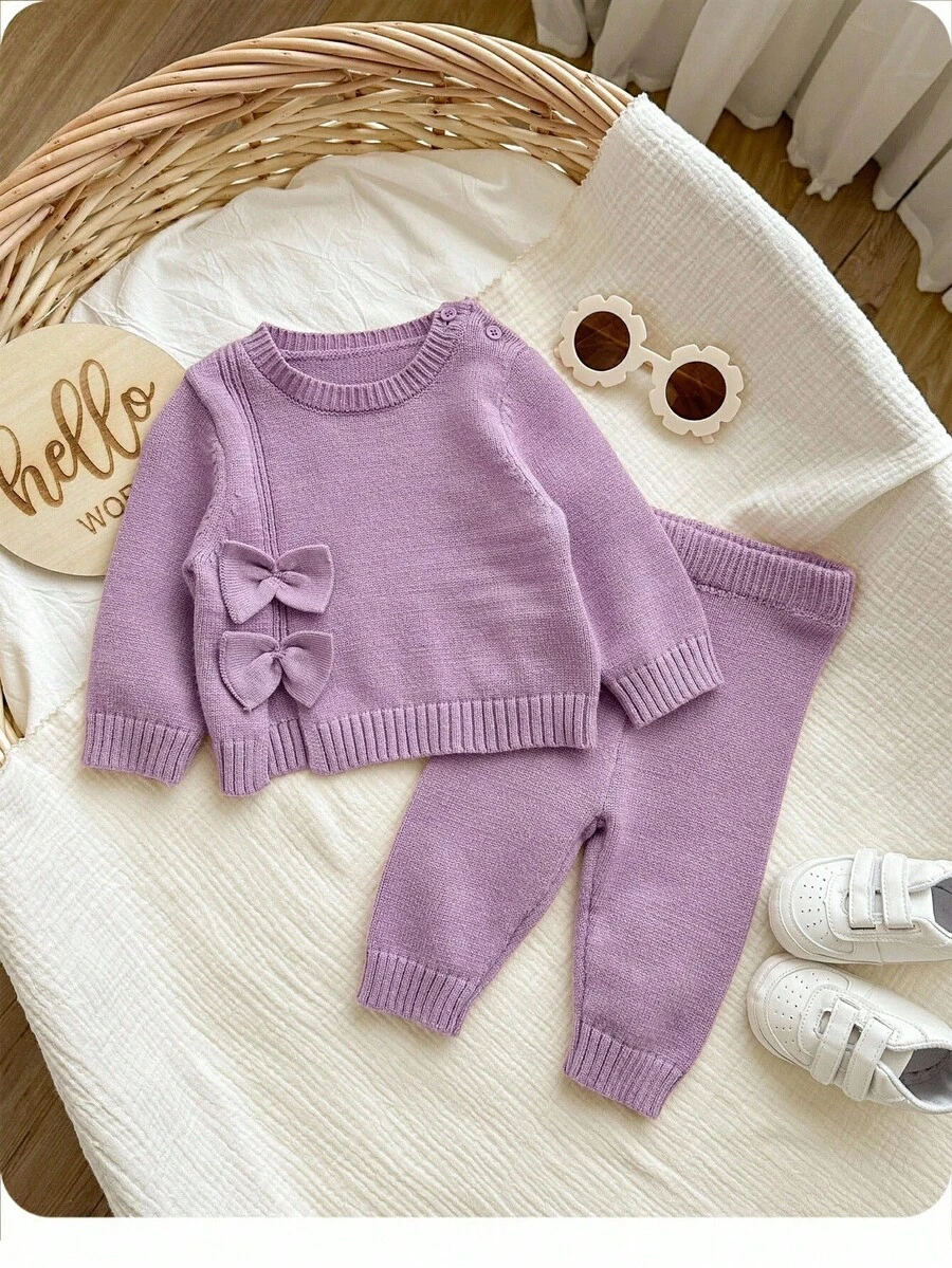 SHEIN 新生女婴可爱秋冬休闲粉色蝴蝶结针织毛衣和松紧腰裤两件套 - 紫色 - 查看 1