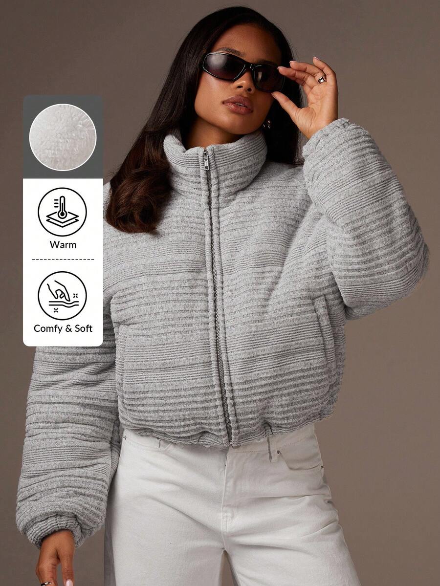 Athîral Women's Striped Drop Shoulder Long Sleeve Zip Front Casual Winter Jacket - Light Grey - View 1