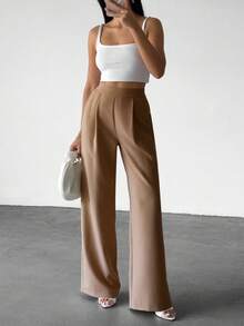 EURMUSE Women's Solid Color High Waist Pleated Wide Leg Loose Casual Pants - Mocha Brown - View 7