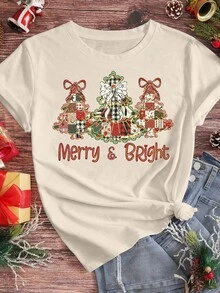 EMERY ROSE Merry And Bright Christmas Tree Printed Casual Plus Size T-Shirt - Beige - View 3