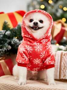 PETSIN 1 pieza Sudadera con capucha de felpa con estampado de copos de nieve rojo navideño para gatos y perros - Multicolor - Ver 1