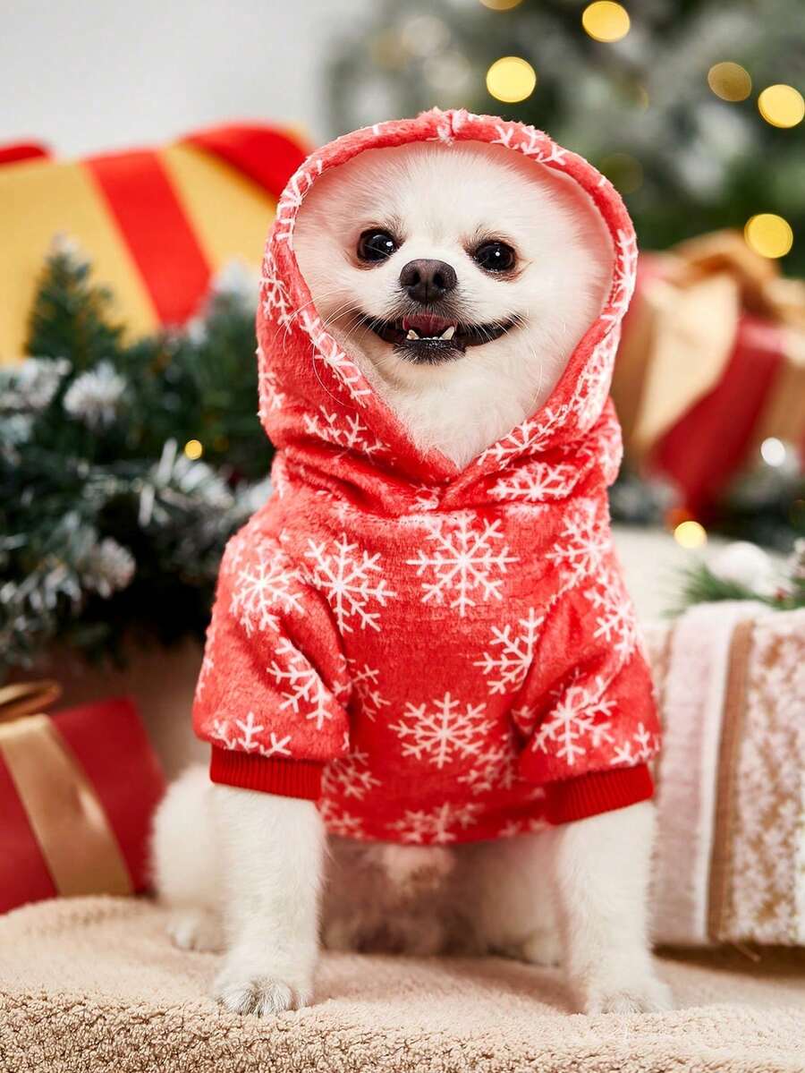 PETSIN 1 pieza Sudadera con capucha de felpa con estampado de copos de nieve rojo navideño para gatos y perros - Multicolor - Ver 1