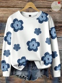 EMERY ROSE Floral Pattern Casual Loose Fit Crew Neck Plus Size Sweatshirt For Women, Suitable For Back To School, Teacher's Day, Halloween, Christmas, Fall/Winter