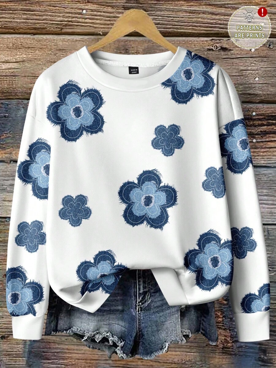 EMERY ROSE Floral Pattern Casual Loose Fit Crew Neck Plus Size Sweatshirt For Women, Suitable For Back To School, Teacher's Day, Halloween, Christmas, Fall/Winter