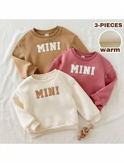 Loomiva 3件套女婴简约字母图案针织柔软圆领插肩袖套头衫套装