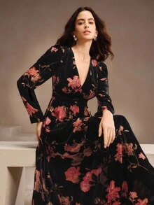 Anewsta 女士丝绒印花V领连衣裙，优雅、别致、时尚，适合秋季、冬季、新年、派对、婚礼、晚宴等场合。 - 黑色 - 查看 6
