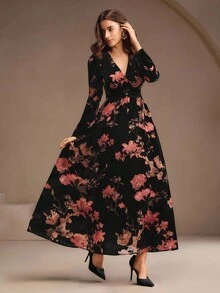 Anewsta 女士丝绒印花V领连衣裙，优雅、别致、时尚，适合秋季、冬季、新年、派对、婚礼、晚宴等场合。 - 黑色 - 查看 4