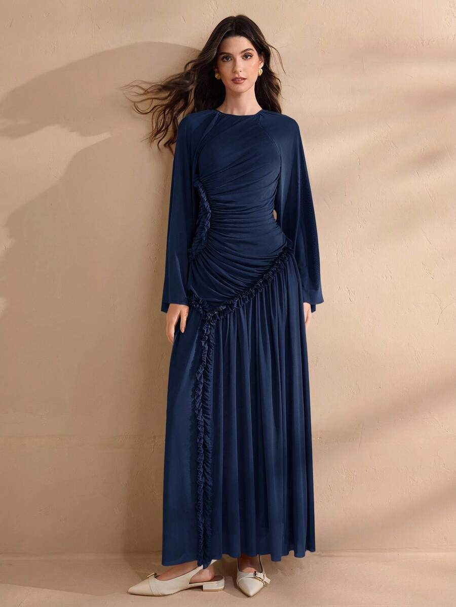 Graceveil Women's Extra Long Spring/Summer Mesh Knit Ruffle Hem Split Modest Elegant Charming Fashion Dress - Navy Blue - View 1
