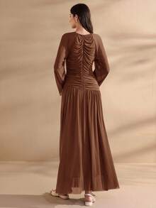 Graceveil Women's Extra Long Spring/Summer Mesh Knit Ruffle Hem Split Modest Elegant Charming Fashion Dress - Coffee Brown - View 2