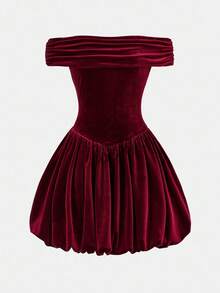 SHEIN Tween Girls Elegant Contrast Color Splice Asymmetric Neck Ruched Puff Skirt Hem 2 In 1 Dress, Velvet Casual Dress Suitable For Autumn/Winter, Halloween, Christmas, New Year Party, Graduation, Burgundy - Burgundy - View 3