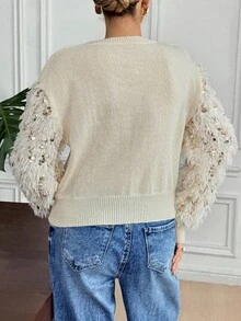 SHEIN Frenchy Women's Fashion Sequin Decor Round Neck Long Sleeve Sweater,Fall And Winter, Christmas,New Year - Apricot - View 2