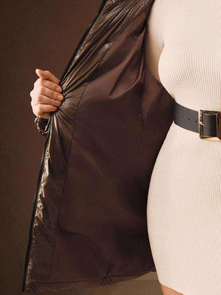 Plus Size Women Shiny Silk Fitted Resin Plus Size Zipper Hooded Luxury Faux Fur Collar Mid-Length Thick Jacket, Suitable For Fall, Winter, New Year, Elegant, Chic, Stylish, Christmas, Going Out
