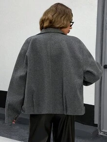 EURMUSE 女式纯色休闲百搭前扣大衣，商务装 - 深灰色 - 查看 2