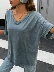 EURMUSE Washed Effect Blouse, Oversized Fit, V-Neck Design, Half Sleeves, Charcoal Grey Color, Vintage Look, Loose Cut, Cotton Blend, Distressed Finish, Casual Style, Relaxed Silhouette, Weekend Wear, Everyday Fashion, Drop Shoulder, Soft Texture, Street Style, Modern Basic, Comfortable Design - Grey - View 6