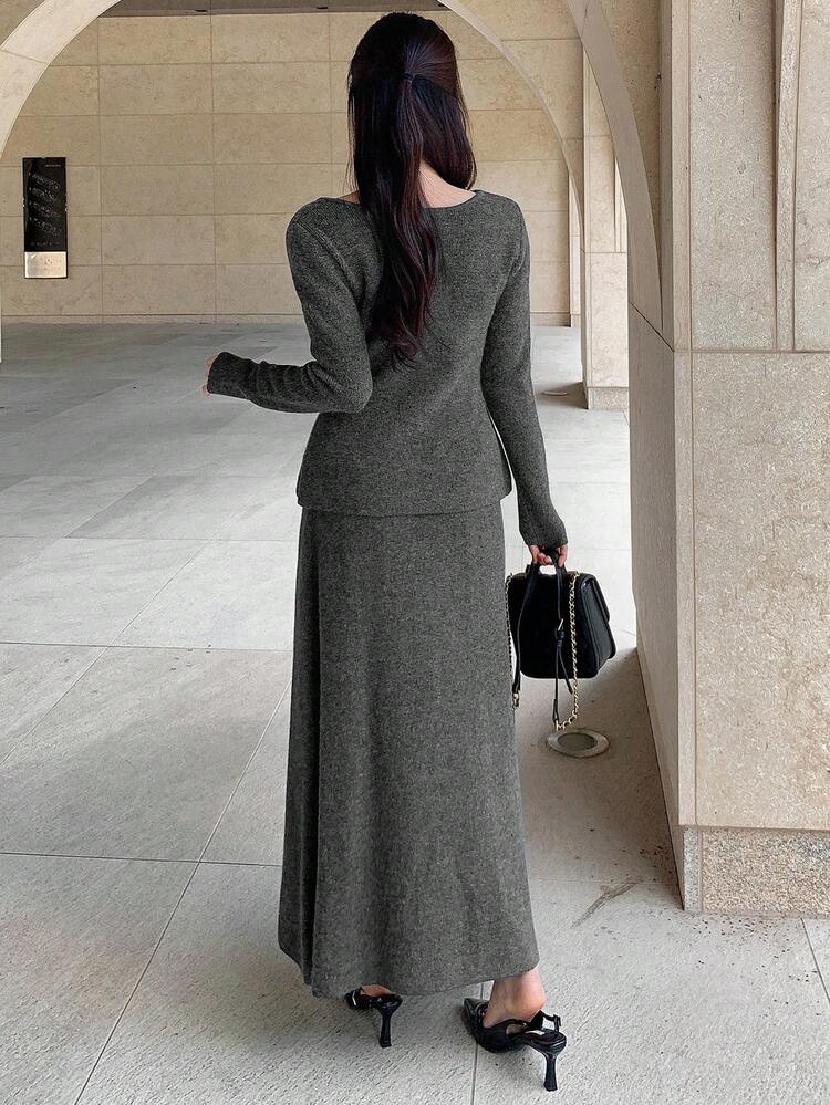 Women's Solid Color Fitted Waist Long Sleeve Cardigan & A-Line Skirt Elegant Casual Autumn/Winter 2 Pieces Knit Sweater Set