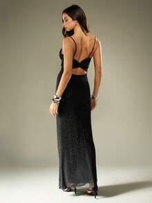 MISSGUIDED 镶钻亮片垂领长款晚礼服，后背扭结设计，适合婚礼宾客、派对、舞会等正式场合。 - 黑色 - 查看 2