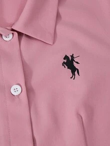 青少年女孩花卉印花修身纽扣长袖休闲衬衫，读书周服装青少年女孩长袖上衣 - 粉色 - 查看 5