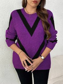 Elenzga Plus Size Women Casual Fashionable Slimming Round Neck Long Sleeve Jacquard Knit Pullover Sweater, Autumn/Winter - Purple - View 5