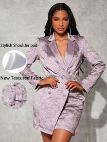 Modelyn 女士不对称褶皱纹理缎面时尚现代都市通勤日常西装外套和连衣裙套装 - 紫丁香色 - 查看 7