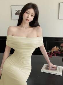 Modelyn Váy cưới/tiệc tùng trễ vai nhún eo thanh lịch cho nữ - Màu be - Xem 8