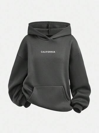 SHEIN Girlism Sweat-shirt à capuche surdimensionné en tricot gris imprimé anglais décontracté pour adolescentes, retour à l'école, convient pour l'automne/l'hiver