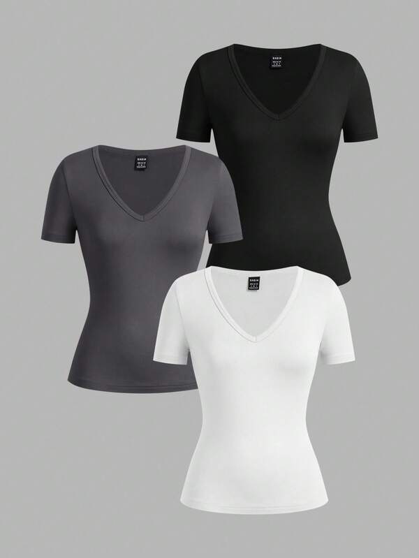 SHEIN EZwear Set de 3 camisetas de manga corta y cuello en V profundo, de corte ajustado, básicas y de uso casual, en negro, blanco y gris oscuro, adecuadas para primavera/verano