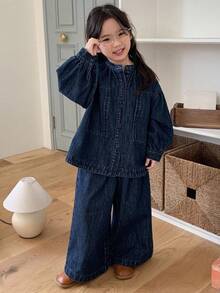 DAZY 2件套年轻女孩休闲长袖上衣和裤子套装 - 藍色 - 查看 6