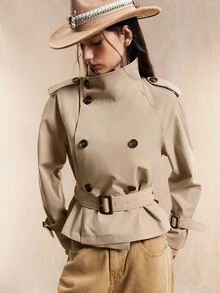 Easelle Vintage Nomadic High Collar Cinched Waist Button Up Women Trench Coat Women Trench Coat Belted Trench Coat Women Outerwear Women Jackets In Fall/Winter,Cozy Fall And Winter Clothes For Women - Apricot - View 7
