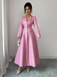 Elenzga Đầm dài chữ A hở lưng tay dài cổ bẻ mới cho nữ, dáng dài thoải mái, năng động, trẻ trung, thanh lịch, phù hợp mặc hàng ngày - Hồng - Xem 5