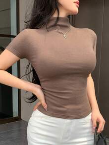 DAZY 女式夏季短袖圆领基本款休闲修身T恤长袖上衣 - 棕色 - 查看 4