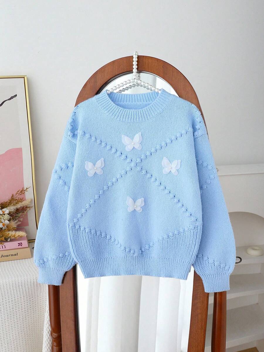 少女可爱休闲浅蓝色3D蝴蝶套头毛衣 毛衣 粉色毛衣 蓝色毛衣 蝴蝶毛衣 蓝色毛衣 毛衣 秋冬毛衣 手工毛衣 - 藍色 - 查看 1